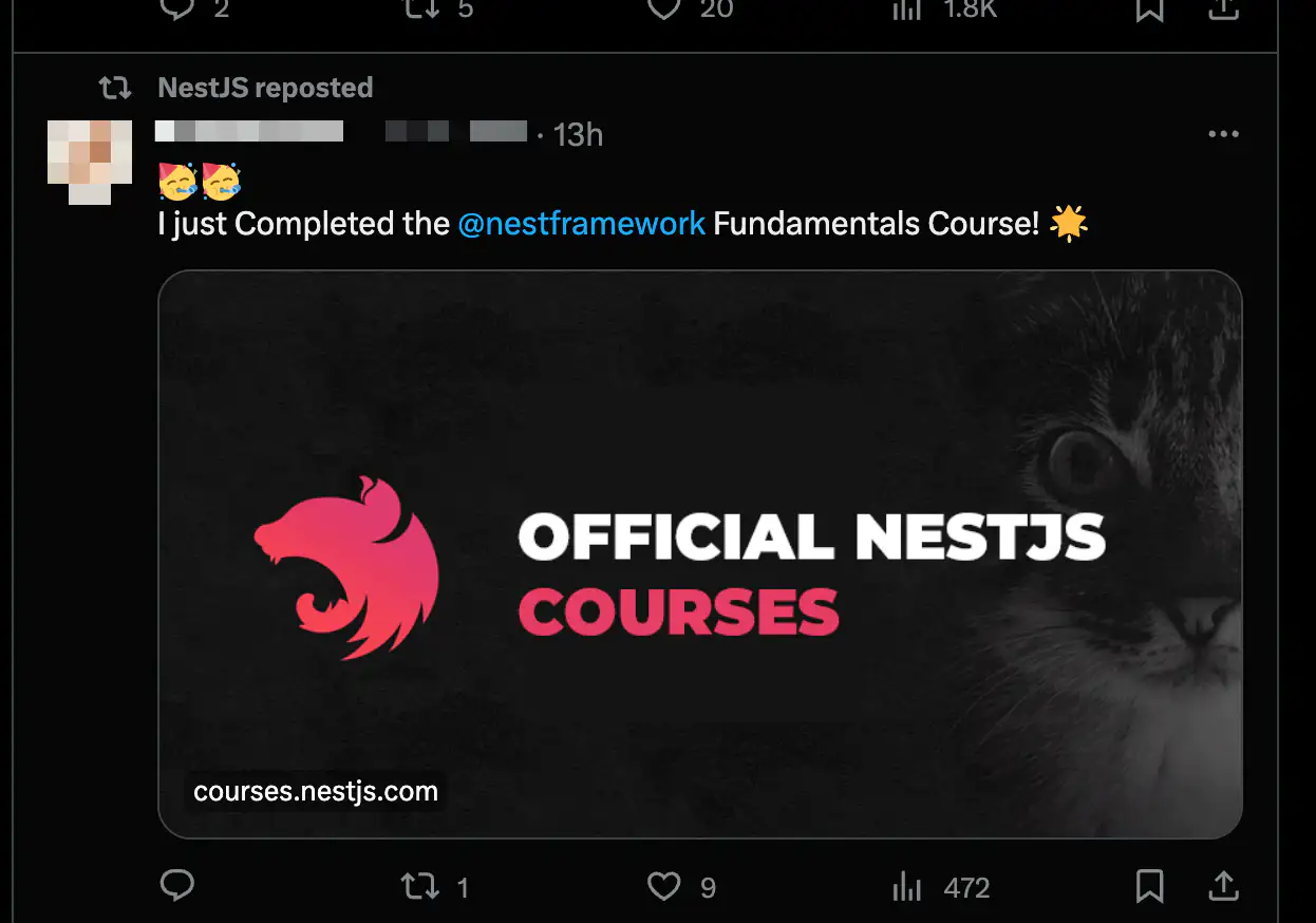 NestJS Twitter mostly retweets course purchases